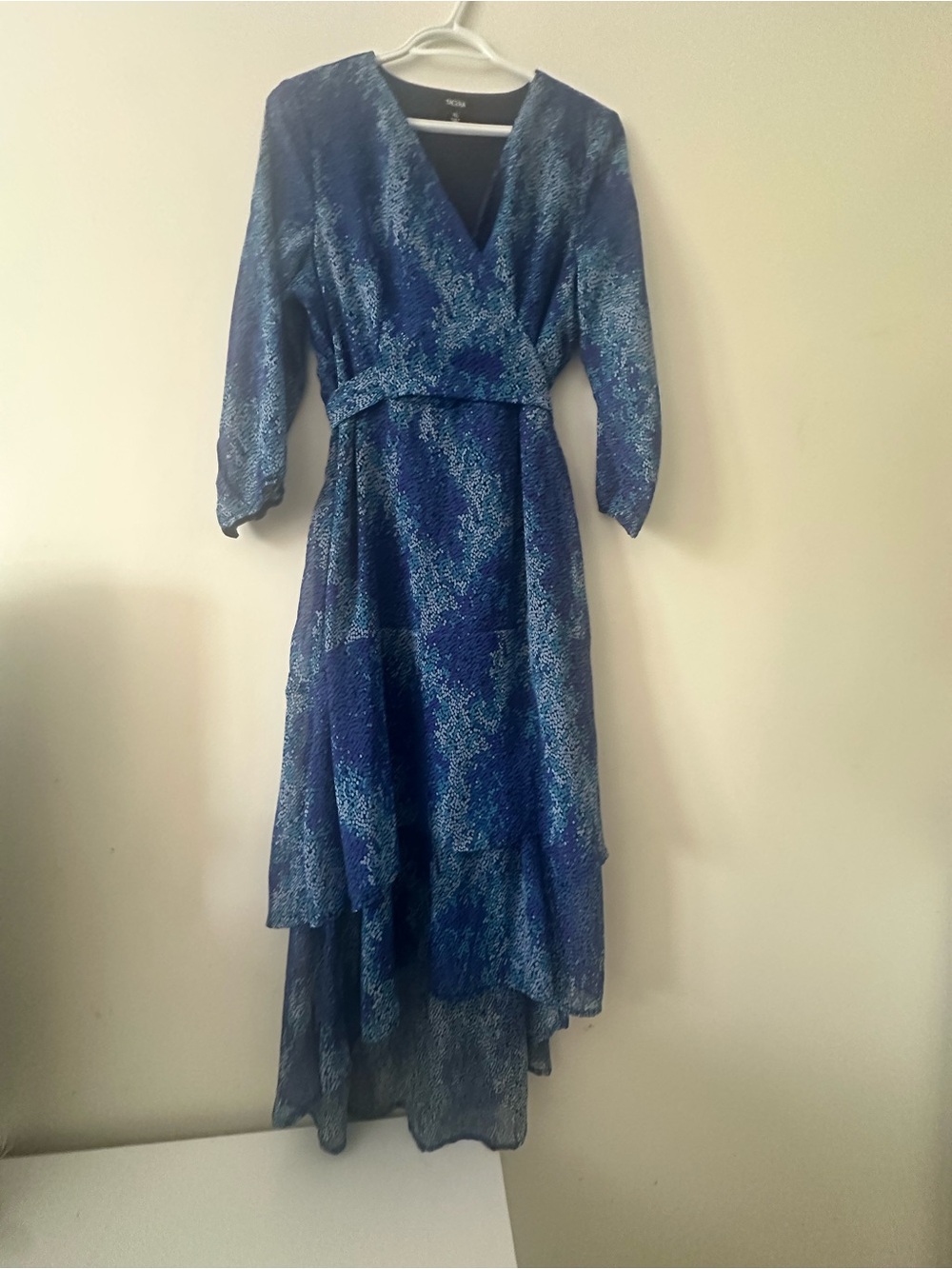 Tacera Blue Printed High-Low Tiered Dress